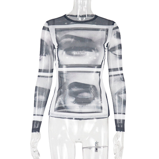 Long sleeve abstract crewneck mesh top | Festival Outfits Women