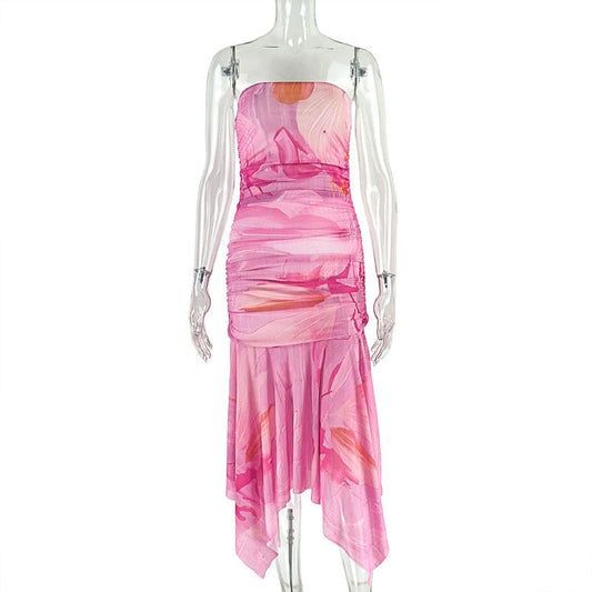 Irregular print mesh tube maxi dress | Festival Outfits Women