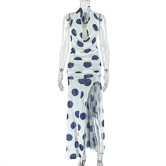 Halter high slit polka dot ruched mesh maxi dress | Festival Outfits Women