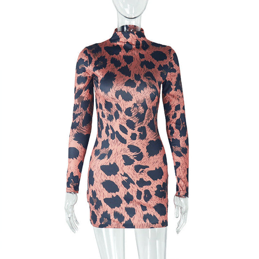 High neck leopard print long sleeve mini dress | Festival Outfits Women | Leopard Print Mini Dress