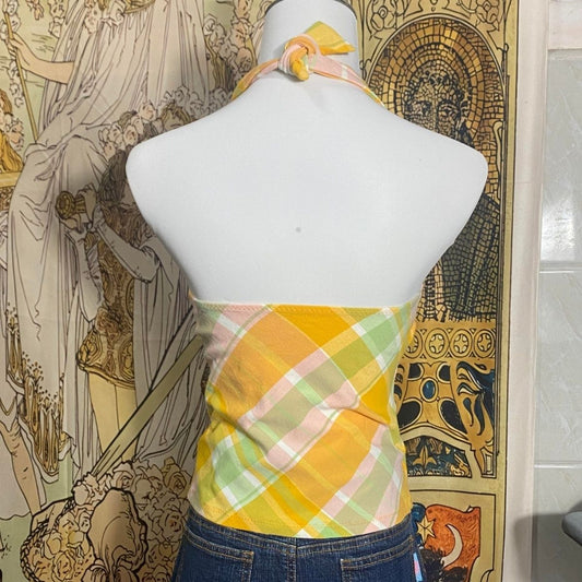 Halter self tie u neck plaid backless top | Festival Outfits Women