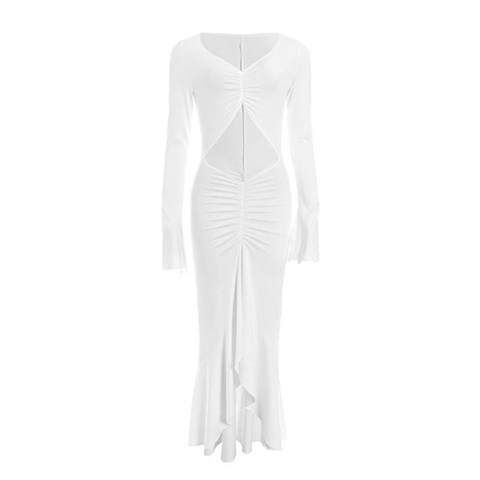 Long sleeve hollow out ruched v neck cut out maxi dress | Festival Outfits Women