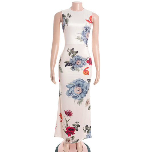 Crewneck flower print backless maxi dress | Festival Outfits Women