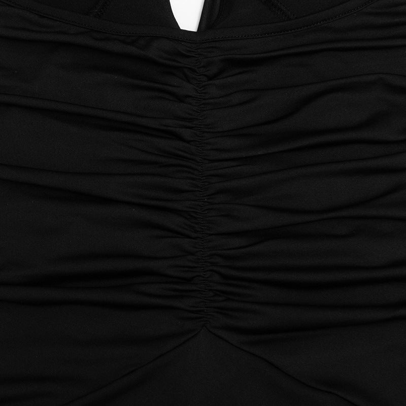 Halter self tie ruched deep v neck ruffle mini dress | Festival Outfits Women