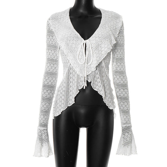Long flared sleeve self tie v neck solid top | Festival Outfits Women