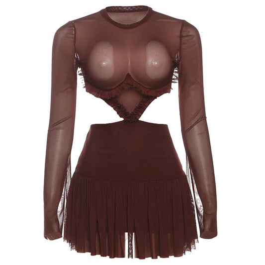 Crewneck long sleeve mesh ruched mini dress | Festival Outfits Women