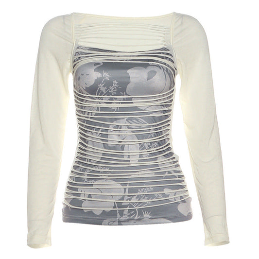 Long sleeve print hollow out contrast cut out top | Festival Outfits Women