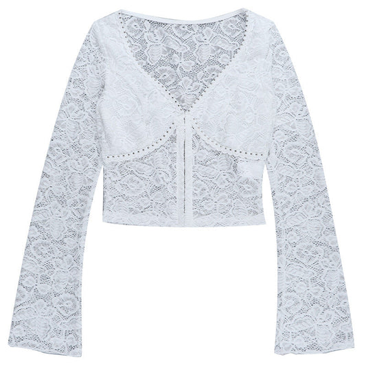 V neck button long sleeve lace top | Festival Outfits Women