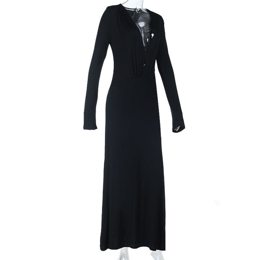 V neck long sleeve button ruched maxi dress | Festival Outfits Women