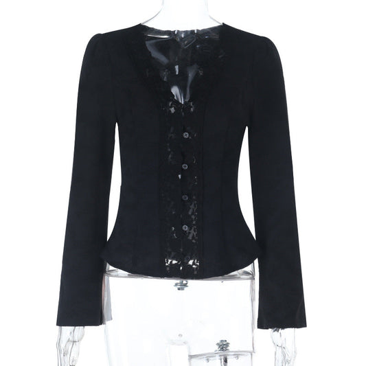 V neck button long sleeve lace hem top | Festival Outfits Women