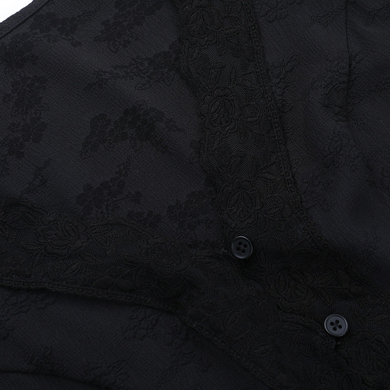 V neck button long sleeve lace hem top | Festival Outfits Women