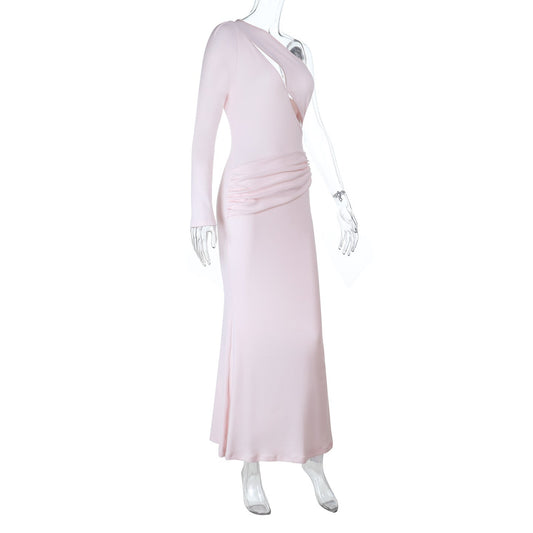 Long sleeve one shoulder hollow out ruched cut out maxi dress | Festival Outfits Women