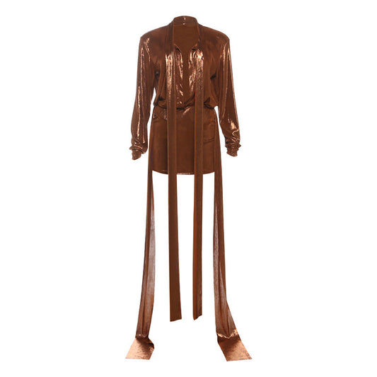 Long sleeve deep v neck metallic mini skirt set | Festival Outfits Women