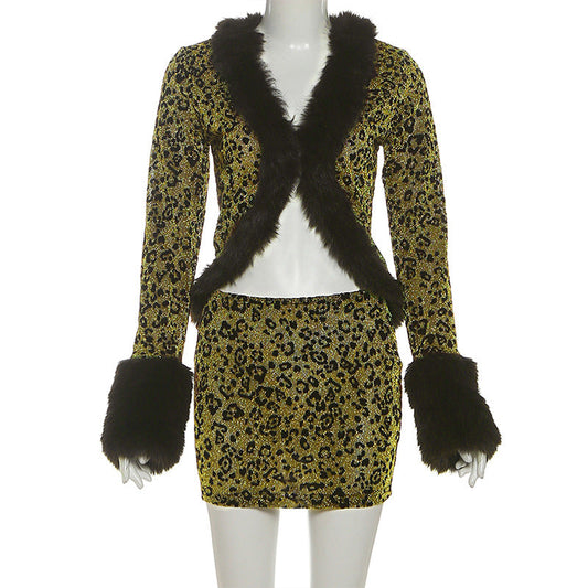Leopard print fluffy long sleeve mini skirt set | Festival Outfits Women | Leopard Print Mini Dress