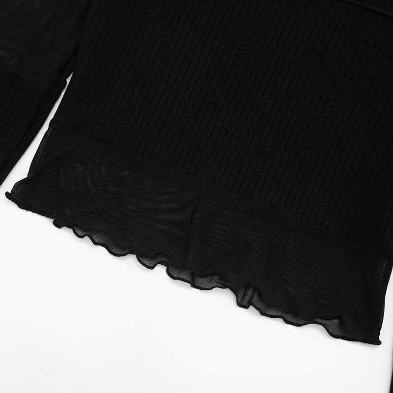 Long sleeve off shoulder ruffle mesh patchwork top | Festival Outfits Women