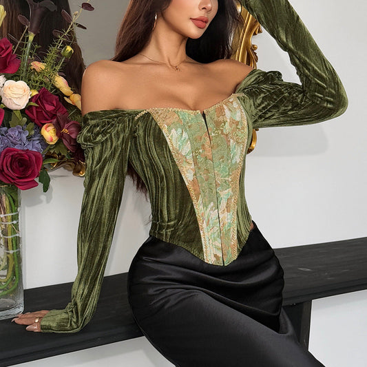 Long sleeve velvet button corset top | Festival Outfits Women
