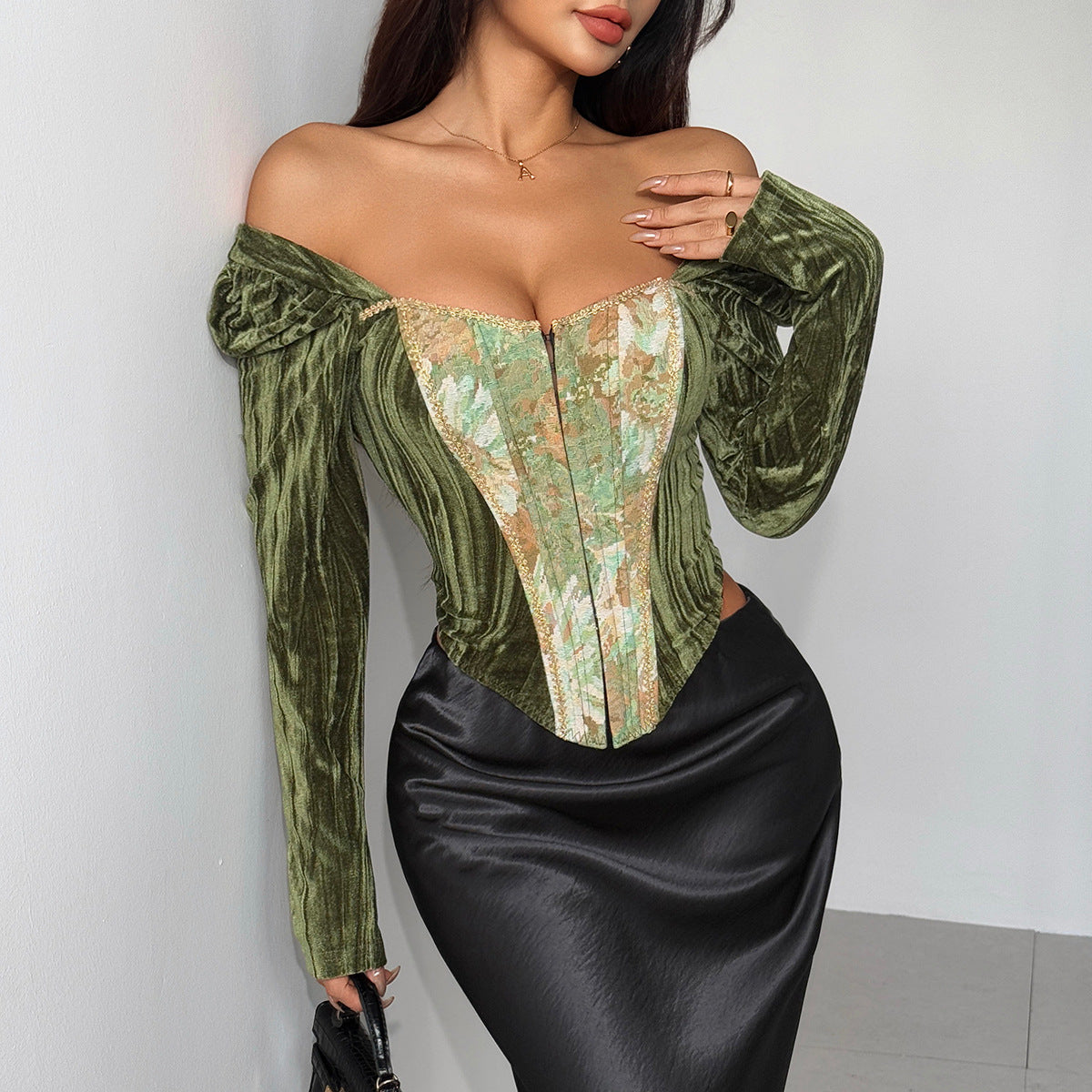 Long sleeve velvet button corset top | Festival Outfits Women