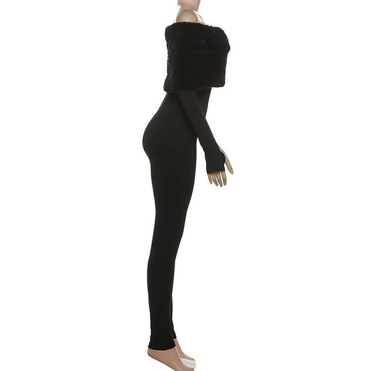 Off shoulder long sleeve fluffy jumpsuit | Festival Outfits Women