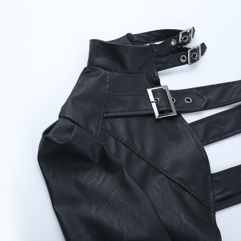 Long sleeve buckle PU leather top | Festival Outfits Women