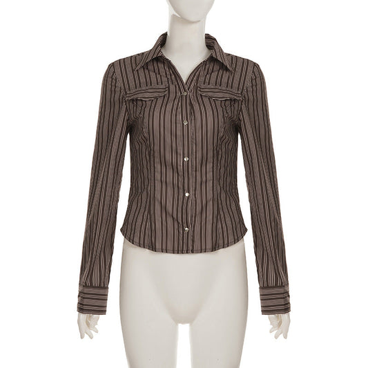 Turnover collar long sleeve striped print button top | Festival Outfits Women