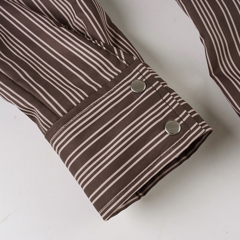 Turnover collar long sleeve striped print button top | Festival Outfits Women