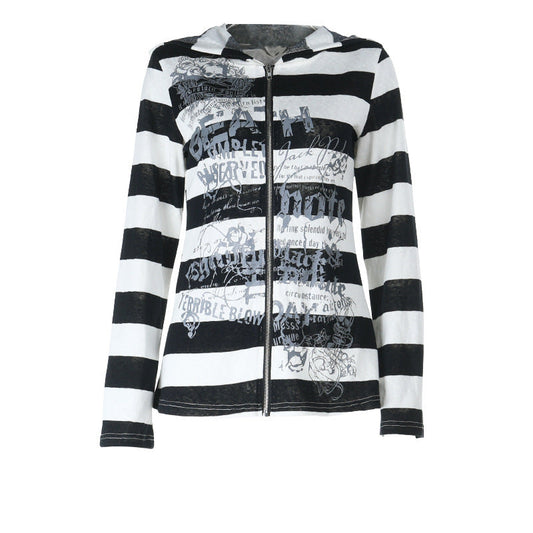 Hoodie long sleeve striped print zip-up top | Festival Outfits Women