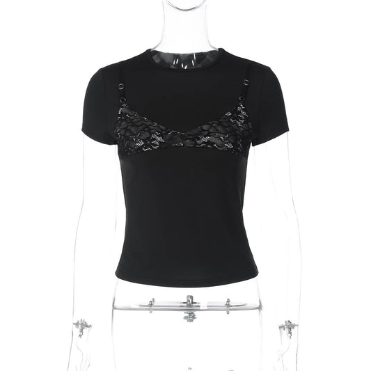 Short sleeve crewneck lace patchwork top | Festival Outfits Women