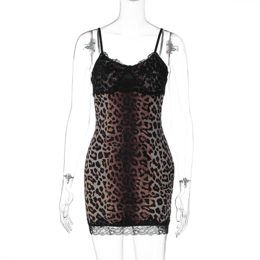 Leopard print v neck lace hem cami mini dress | Festival Outfits Women | Leopard Print Mini Dress