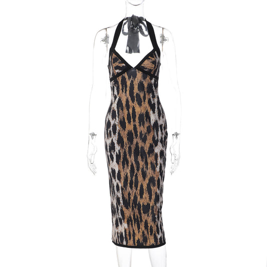 Leopard print halter v neck backless slit maxi dress | Festival Outfits Women