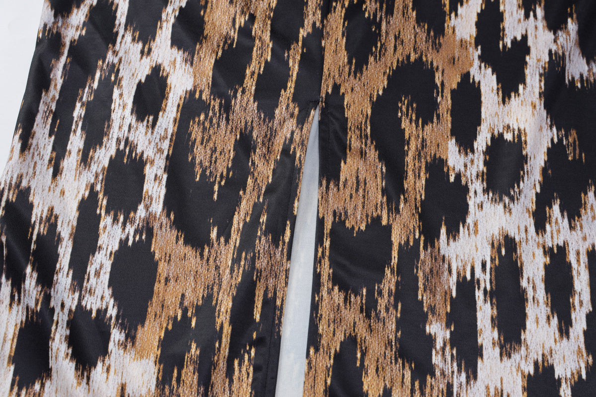 Leopard print halter v neck backless slit maxi dress | Festival Outfits Women