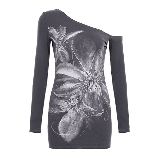 One shoulder long irregular sleeve flower print top | Festival Outfits Women
