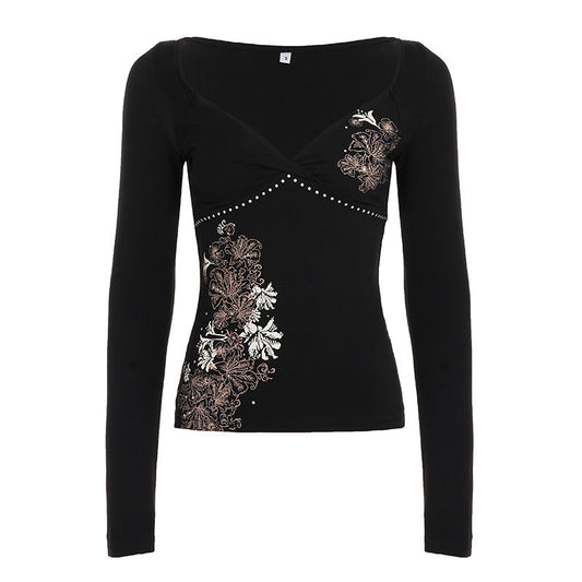 Long sleeve v neck flower pattern top | Festival Outfits Women