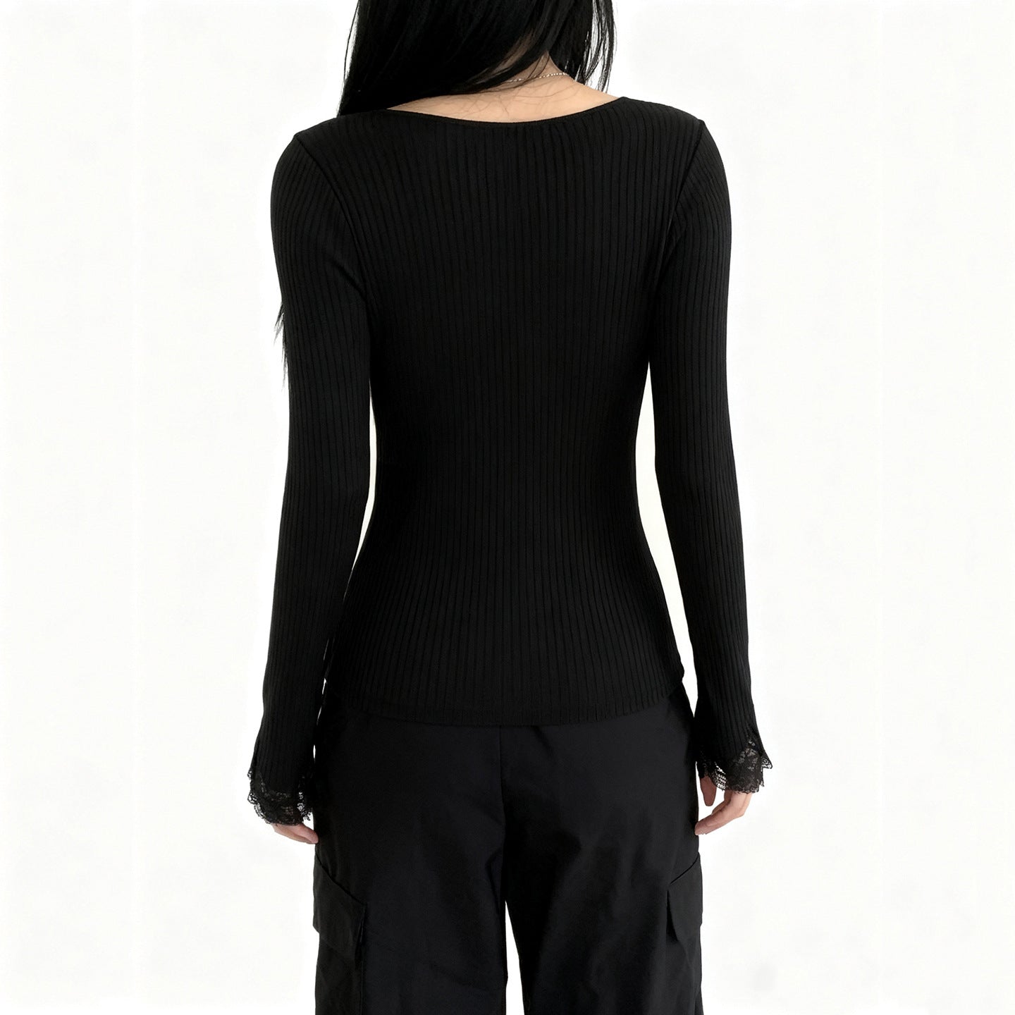 Long sleeve lace hem v neck solid top | Festival Outfits Women