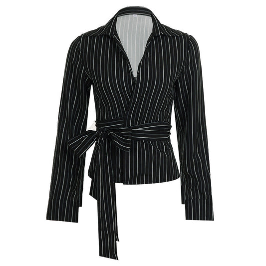 Long sleeve striped turnover collar self tie top | Festival Outfits Women