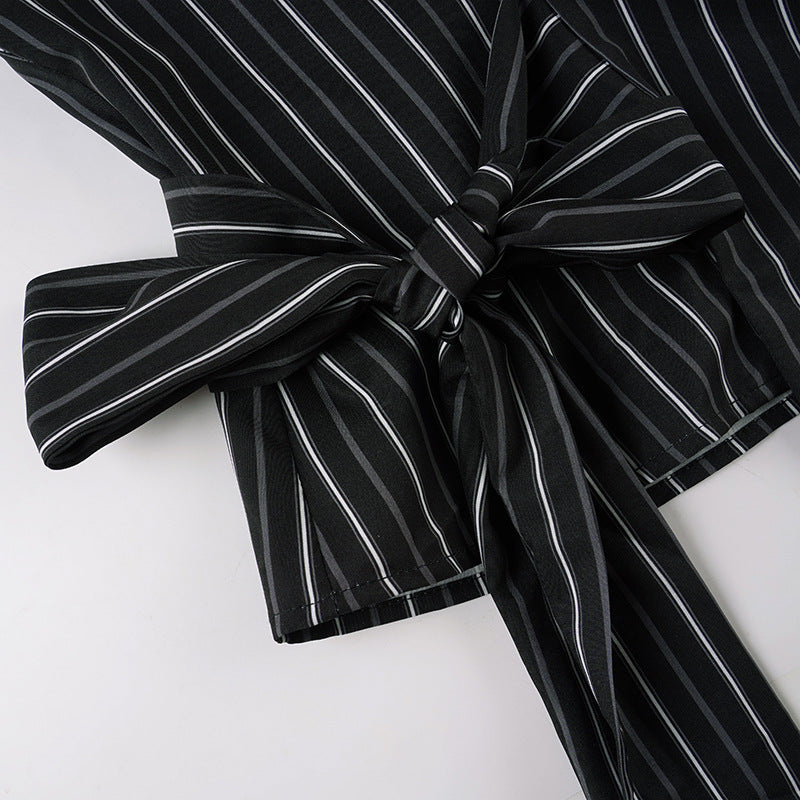 Long sleeve striped turnover collar self tie top | Festival Outfits Women