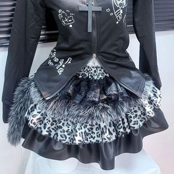 Long sleeve hoodie zip-up ruffle fluffy mini skirt set | Festival Outfits Women