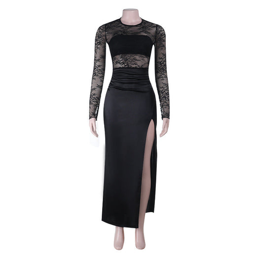 Crewneck lace long sleeve slit irregular maxi dress | Festival Outfits Women
