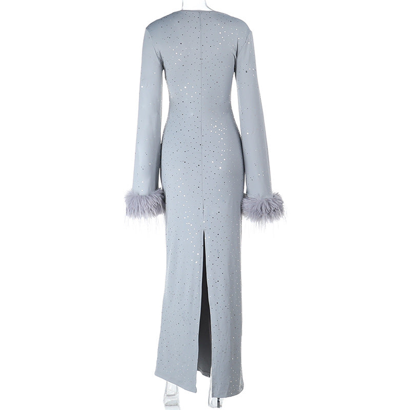 Hollow out slit long sleeve fluffy glitter cut out maxi dress | Festival Outfits Women