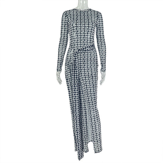 Long sleeve crewneck slit mesh maxi dress | Festival Outfits Women
