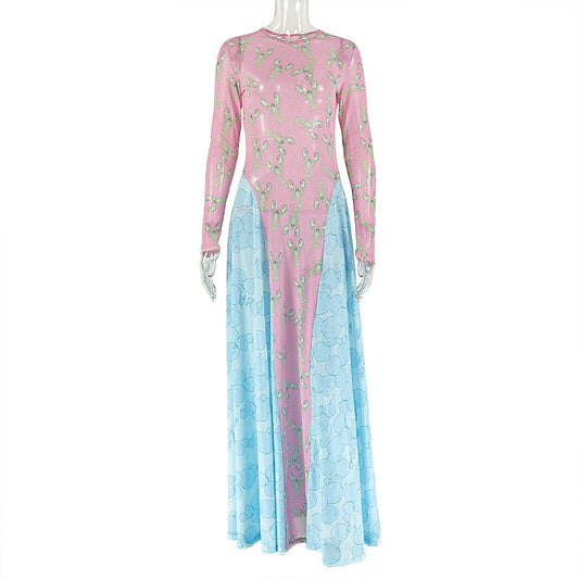 Long sleeve print crewneck mesh maxi dress | Festival Outfits Women