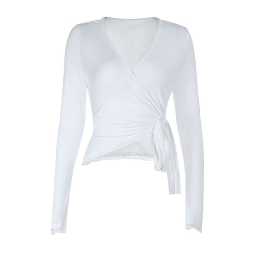 Self tie v neck long sleeve lace hem solid top | Festival Outfits Women