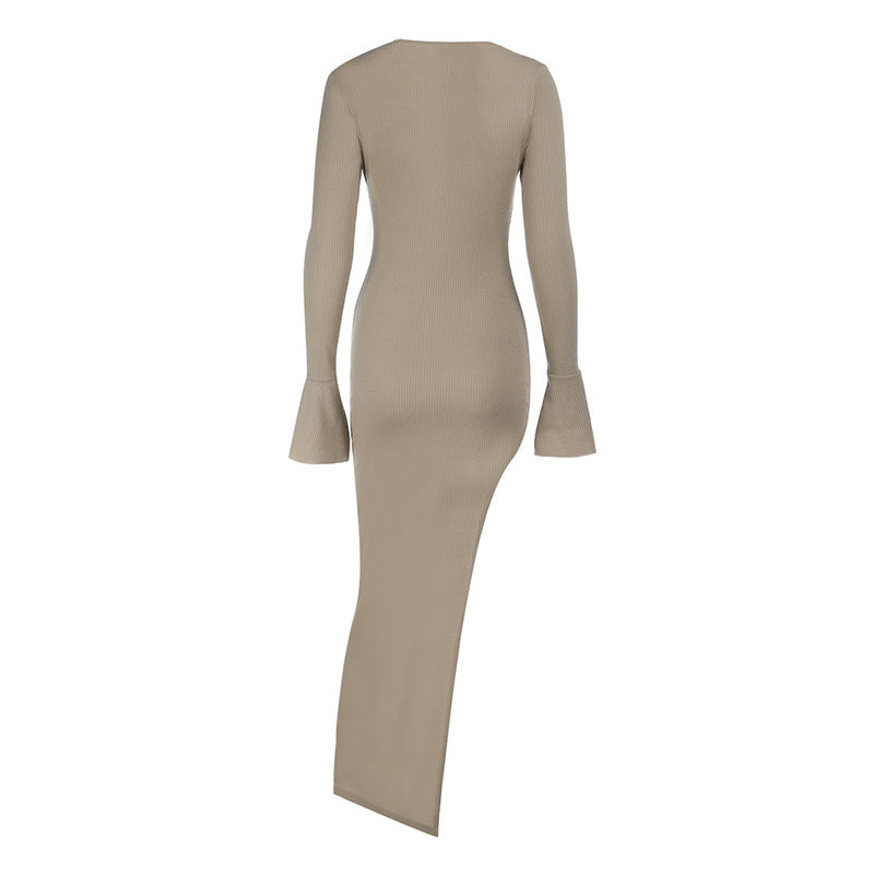 V neck long sleeve slit irregular maxi dress | Festival Outfits Women