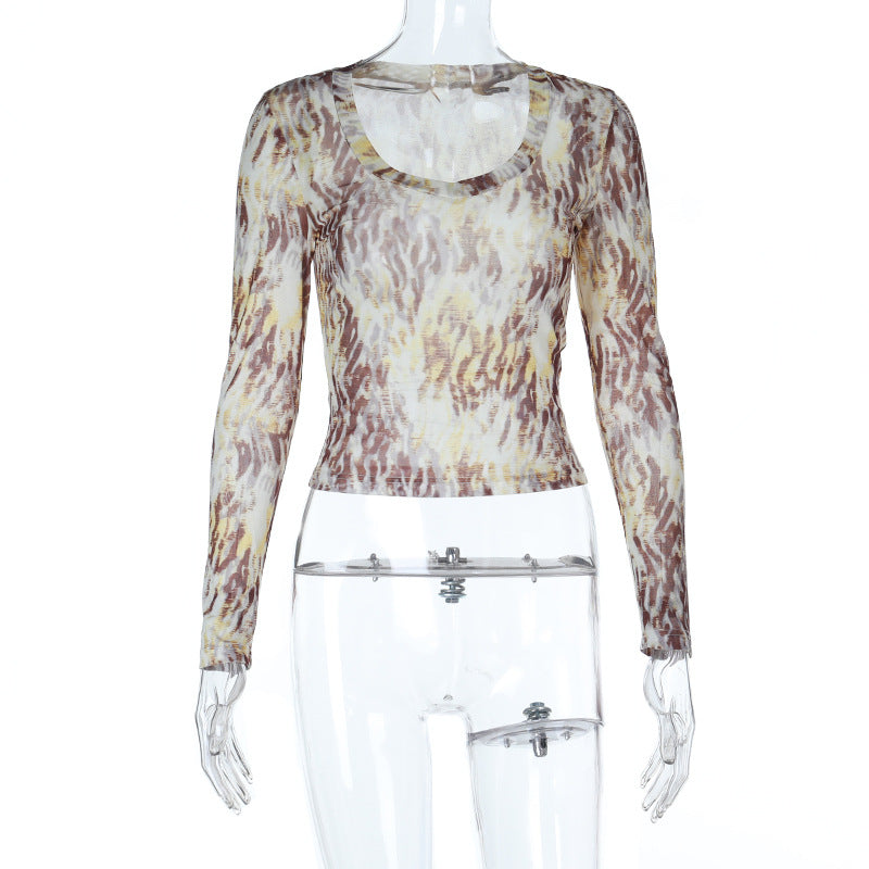 Print u neck long sleeve contrast top | Festival Outfits Women