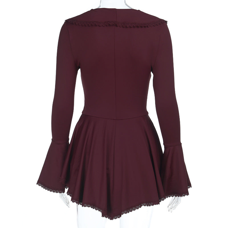 Long flared sleeve ruffle v neck self tie mini dress | Festival Outfits Women