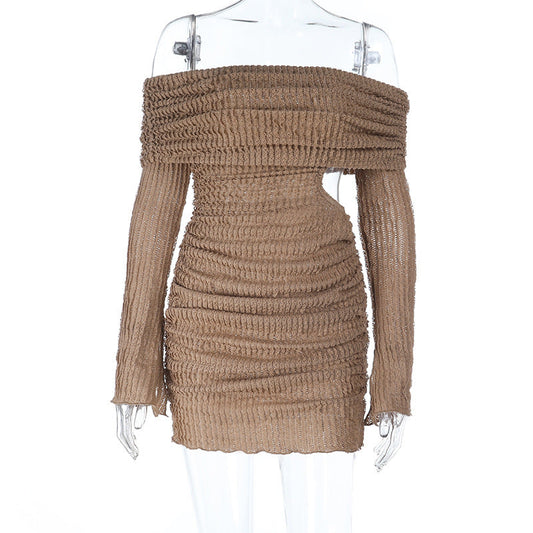 Textured long sleeve off shoulder hollow out cut out mini dress | Festival Outfits Women