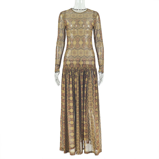 Mesh long sleeve crewneck print maxi dress | Festival Outfits Women