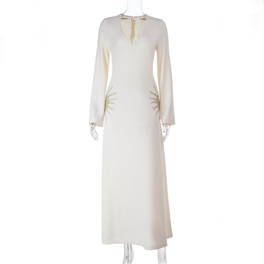 Long sleeve v neck zip-up self tie maxi dress | Festival Outfits Women