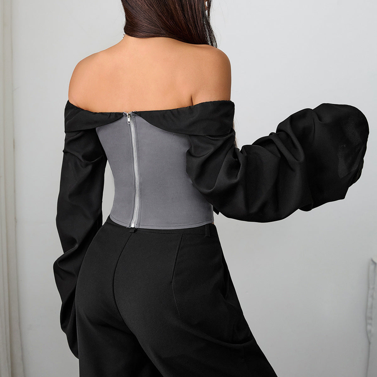 Off shoulder long sleeve zip-up ruched top | Festival Outfits Women