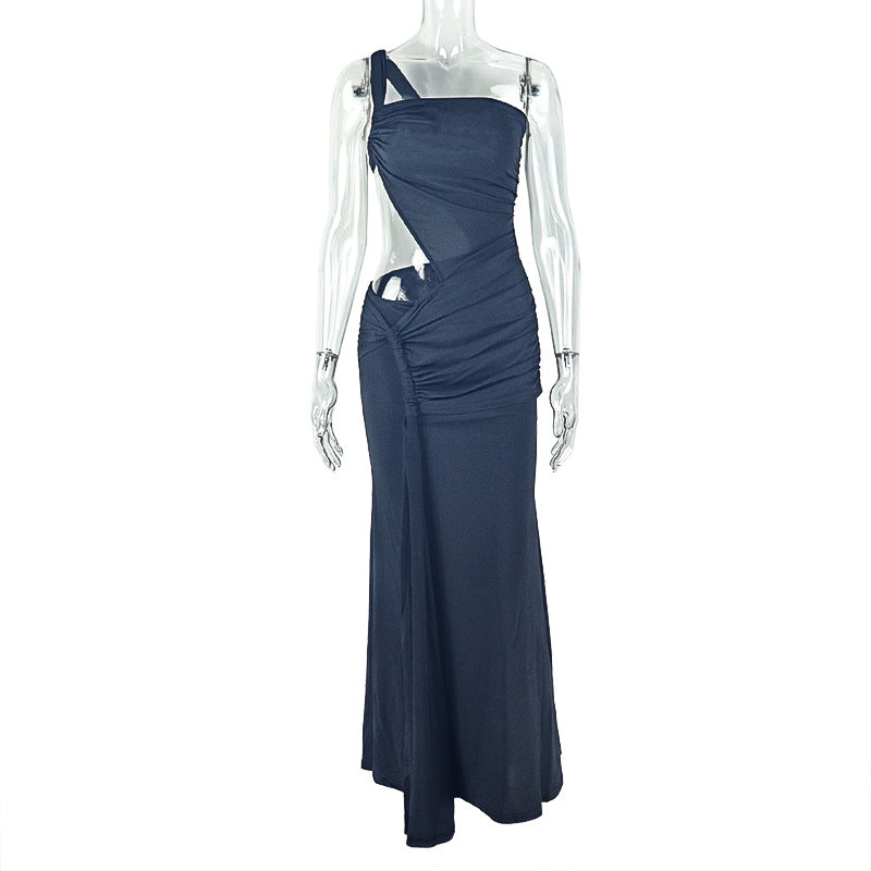 One shoulder irregular hollow out ruched cut out maxi dress | Festival Outfits Women