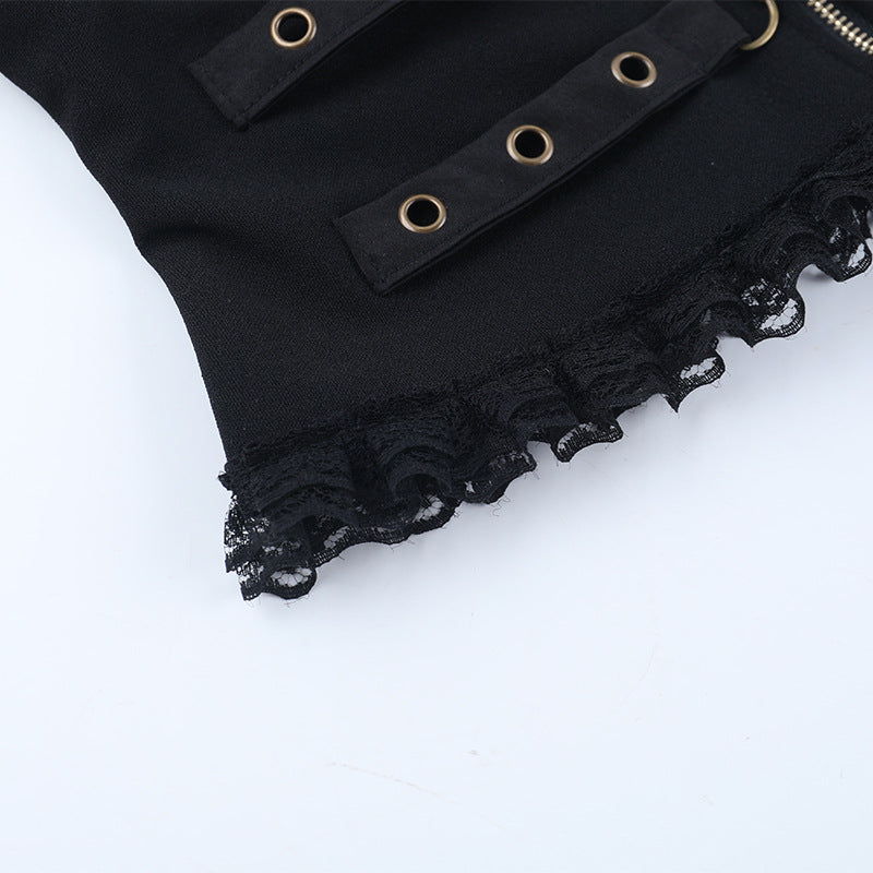 V neck zip-up buckle lace hem cami top | Festival Outfits Women